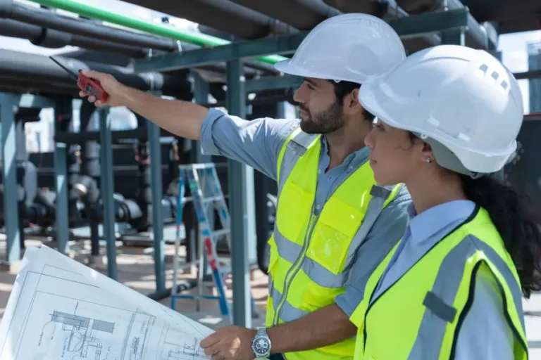 Industrial workers with reflectorized vest and hardhats